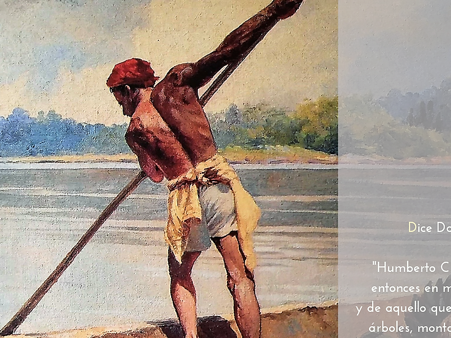 La canoa. Óleo de Humberto Chaves de la serie del transporte propiedad de Fabricato.   Comentario: Ruiz Gómez, Darío (1987) Humberto Chaves: los linajes de la imagen. En: Procesos de la cultura en Antioquia. p. 180