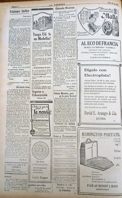 La Defensa, 30 de julio de 1926. Dos avisos de Humberto Chaves para el Barrio Manrique y la Cerveza Malta: de hermoso dibujo y complicada composición frente al aviso de la Remington. y la famosa cafiaspirina