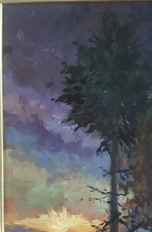 Aterdecer en Llanogrande. Óleo sobre madera, trabajado con espátula, medidas de 37 x 25 centímetros