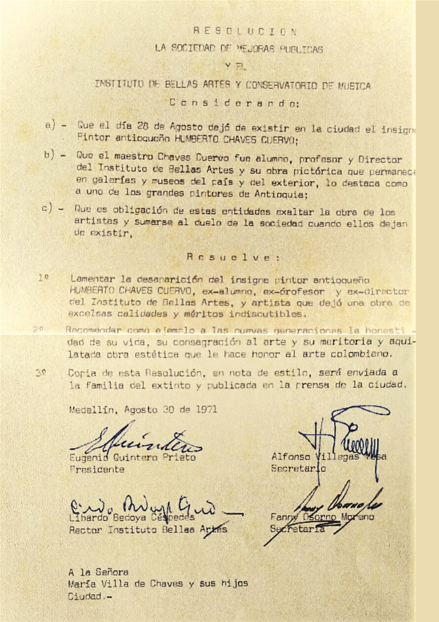 Homenaje del Instituto de Bellas Artes a Humberto Chaves Cuervo - Agosto 1971